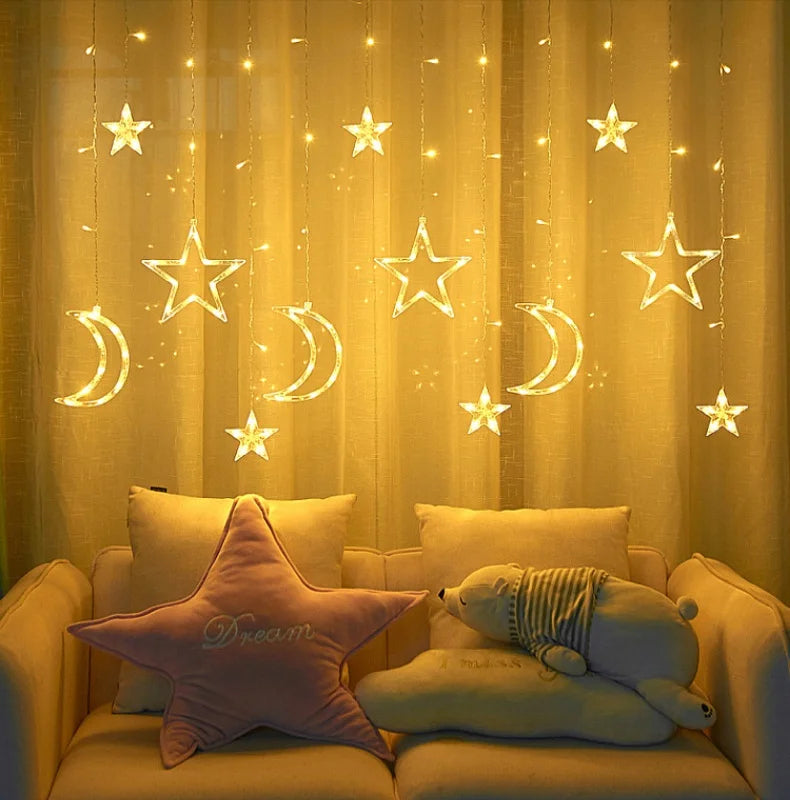 LED Star Moon Curtain String Light 3.5M Battery Powered Christmas Garland Decor Light Wedding Party Ramadan Decoration Supplies
