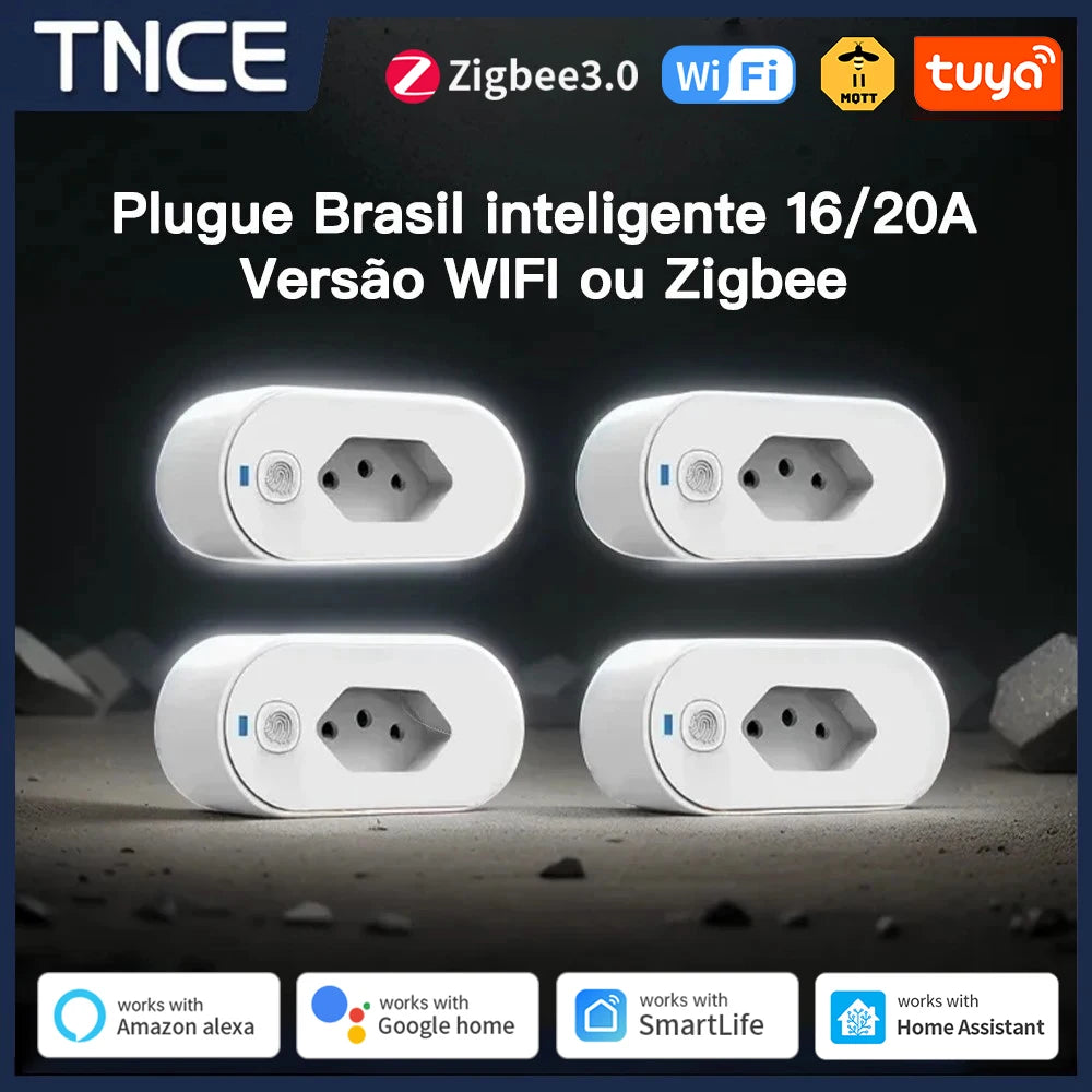 TNCE Tuya Brazil Plug 16/20A WiFi or Zigbee, socket with Power Monitor,Smart Life APP Remote control,Voice for Google Home Alexa