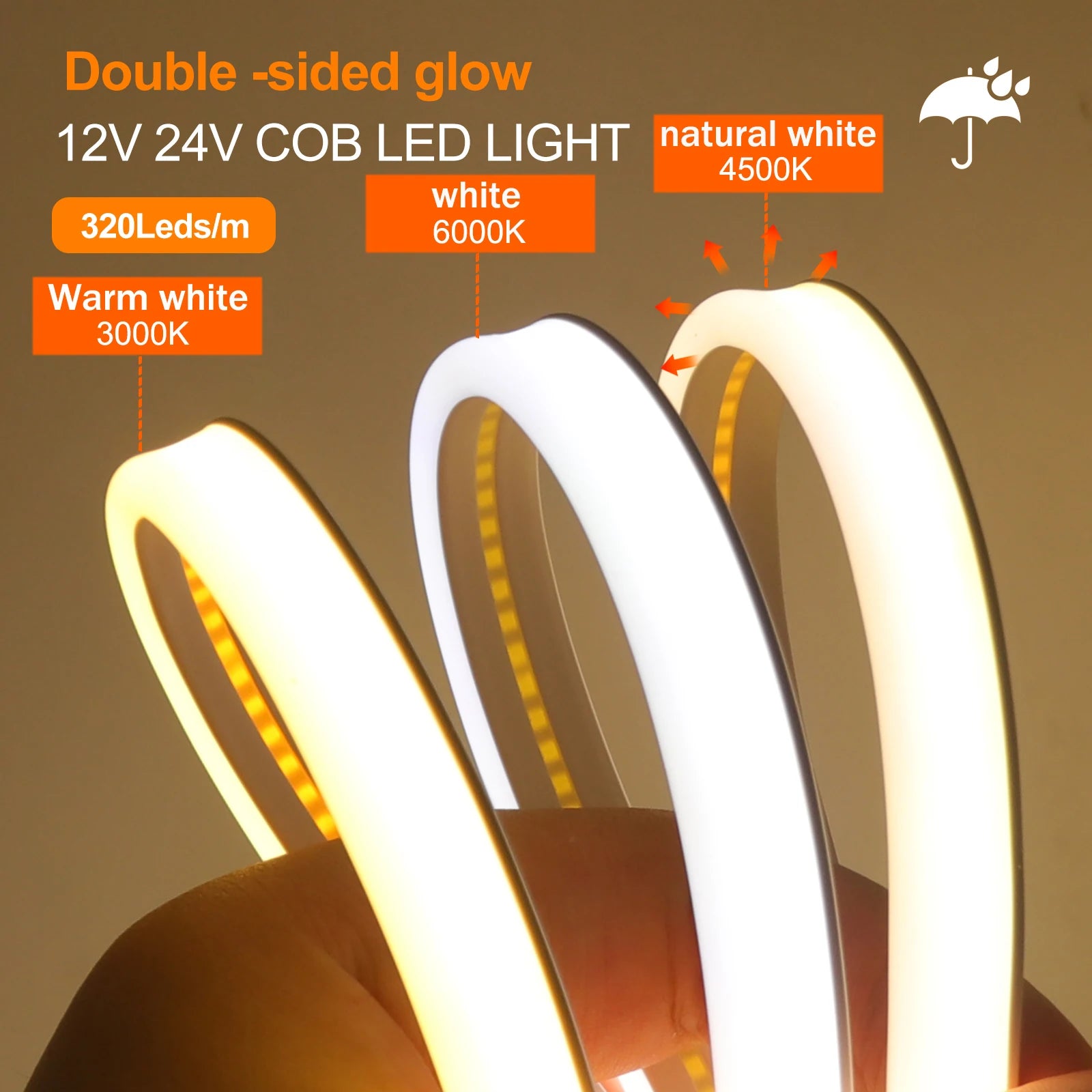 LED Strip COB Neon Light 12V 24V Front+Side Glow Flexible COB LED Tape 320LEDs High Density Linear Light Waterproof LED Ribbon