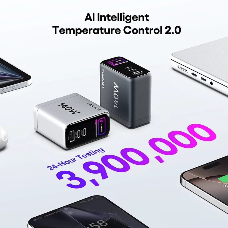 140W GaN USB-C Wall Charger 3-Port Power Meter,PD3.1 140W PD100W PPS 65W 45W QC5 for MacBook Pro iPhone 17 16 Galaxy S25