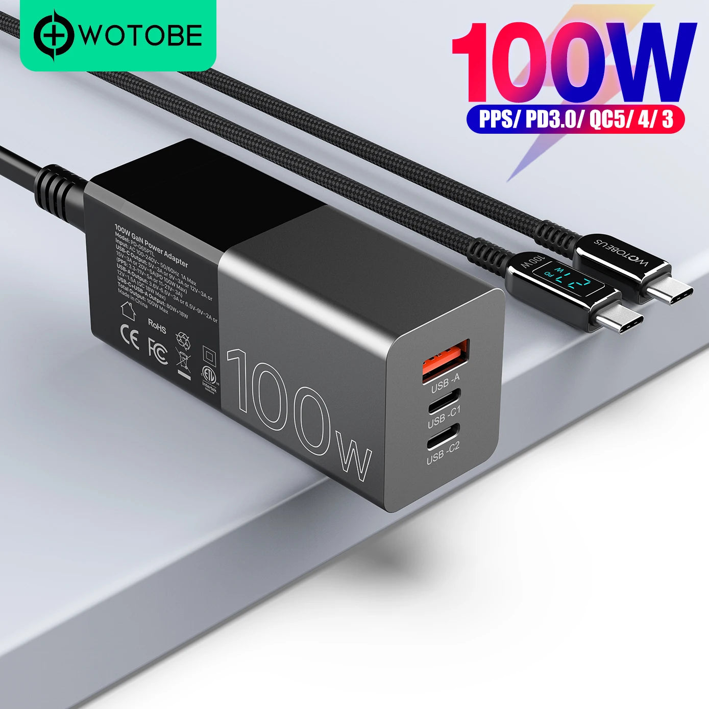 100W GaN 3ports USB C PD Charger Fast Charging PD100W 65W PPS QC4+ 27W For MacBook,iPhone 16,Galaxy S24,Tablet,iPadPro