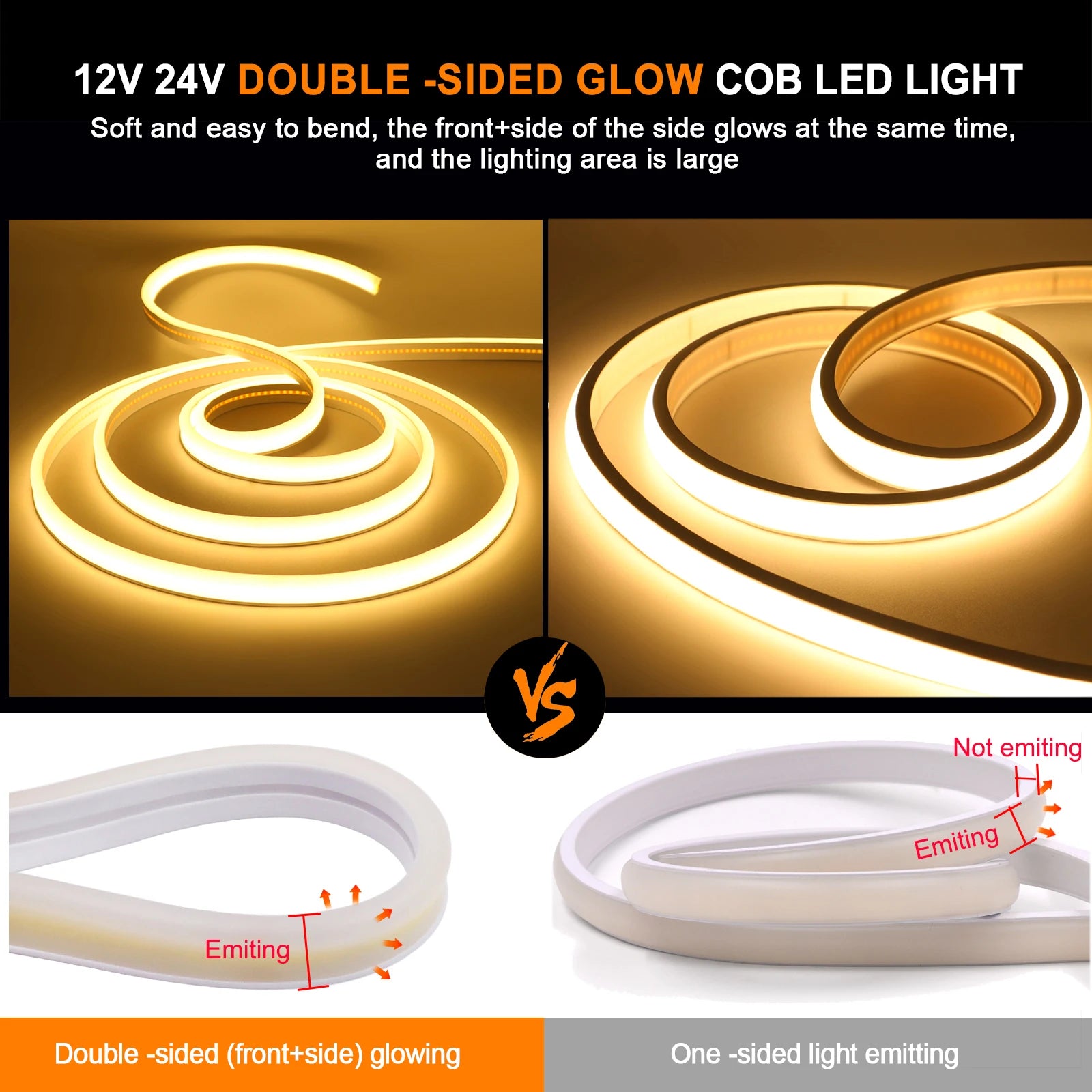 LED Strip COB Neon Light 12V 24V Front+Side Glow Flexible COB LED Tape 320LEDs High Density Linear Light Waterproof LED Ribbon