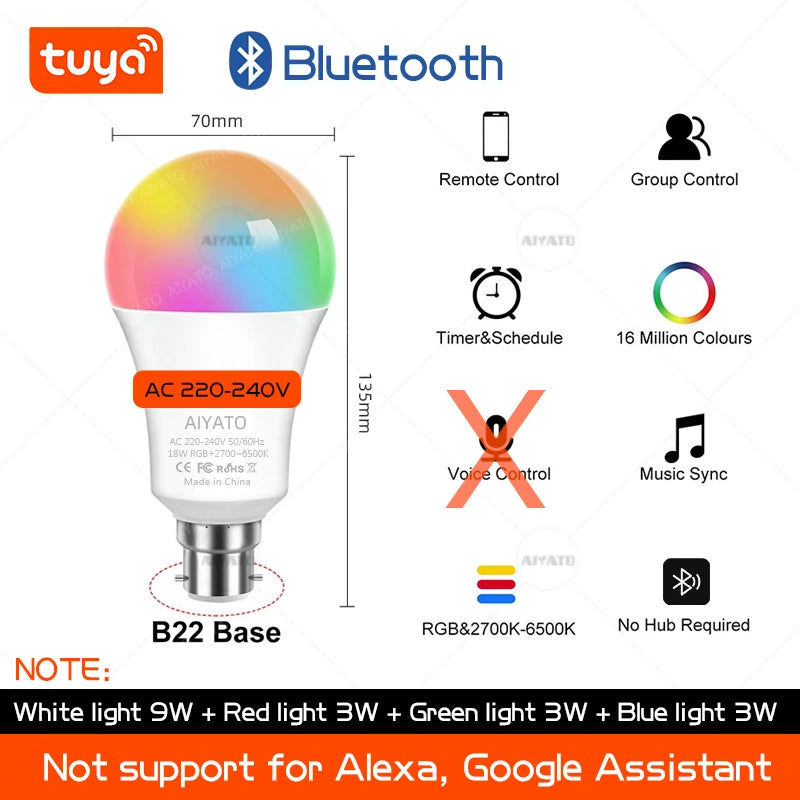 B22 Base TUYA Wifi Smart Bulb Bluetooth lamps Led RGB Smart Light 220V Alexa Google Assisatnt Voice Control Timing APP Group