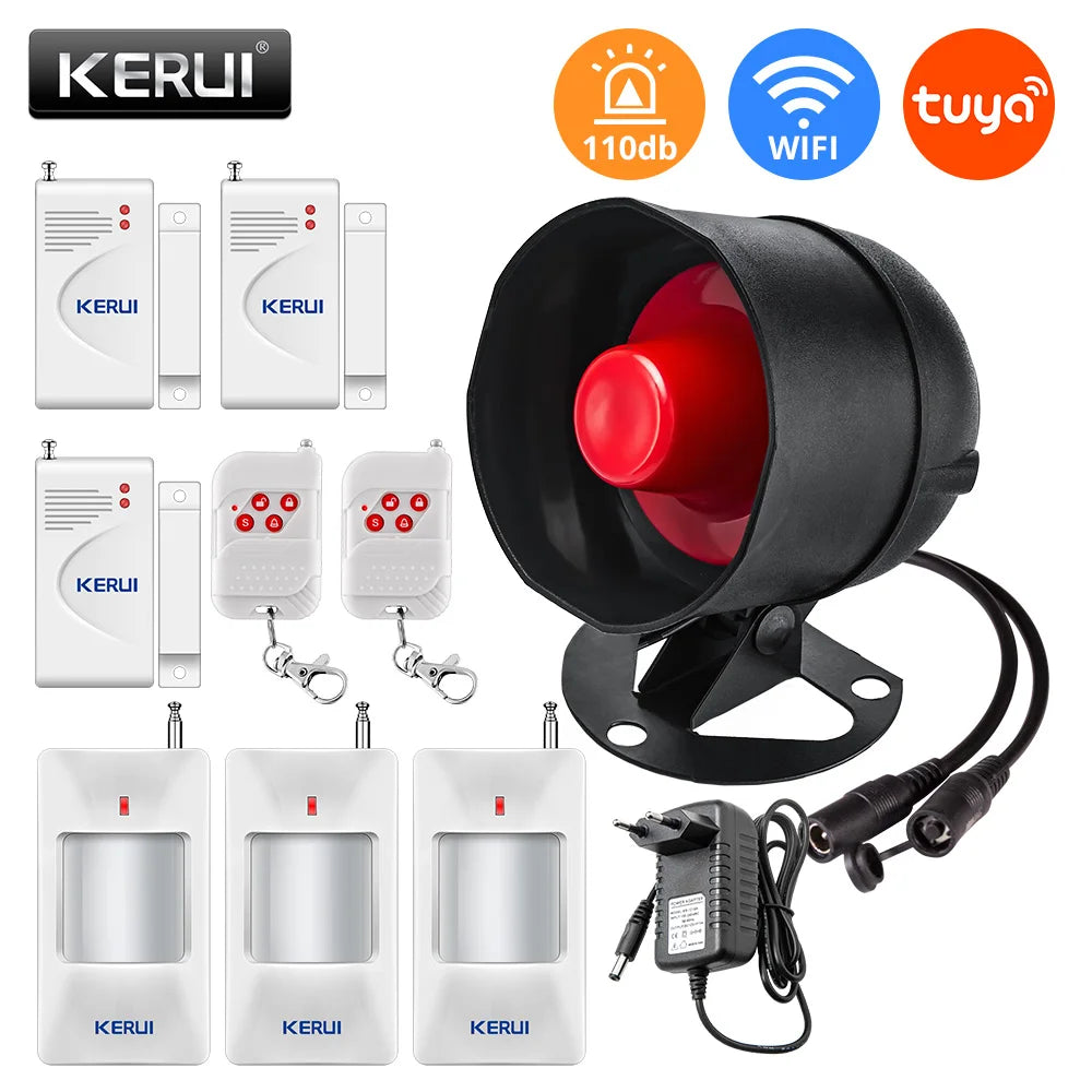 KERUI Tuya Smart WIFI Security Alarm System Kit 110dB Wireless Loud Indoor/Outdoor Siren Horn Home Burglar Motion Door Sensor