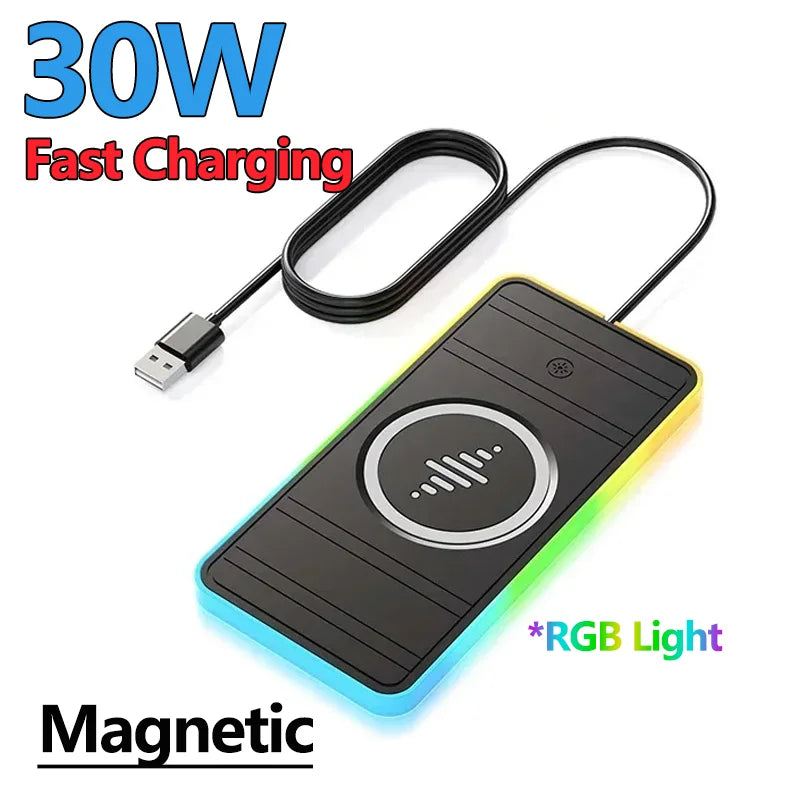 30W Magnetic Car Wireless Charger Pad RGB Light Non-Slip Car Charger for iPhone 17 16 Samsung Xiaomi Airprods Fast Charging