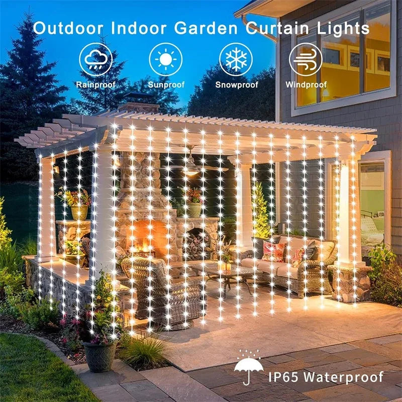 Outdoor Solar Curtain Light 3x3M 300Leds Holiday Decorations Garland 8 Modes Halloween Christmas Party Decor String Lights