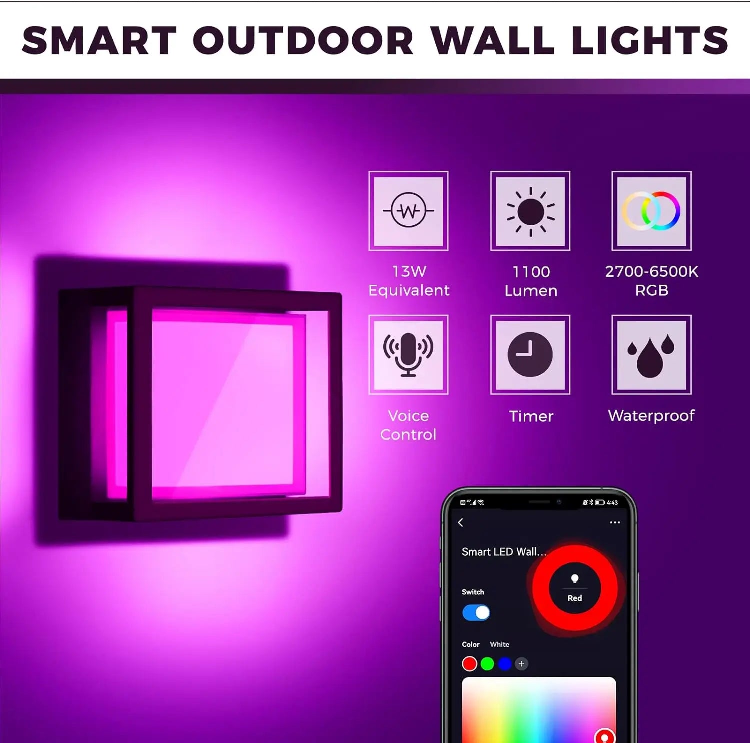 WIFI Smart LED Wall Lamp Outdoor Light Fxiture 20W 2700k-6500k Waterproof RGBICW Color Voice Control Work With Alexa Google