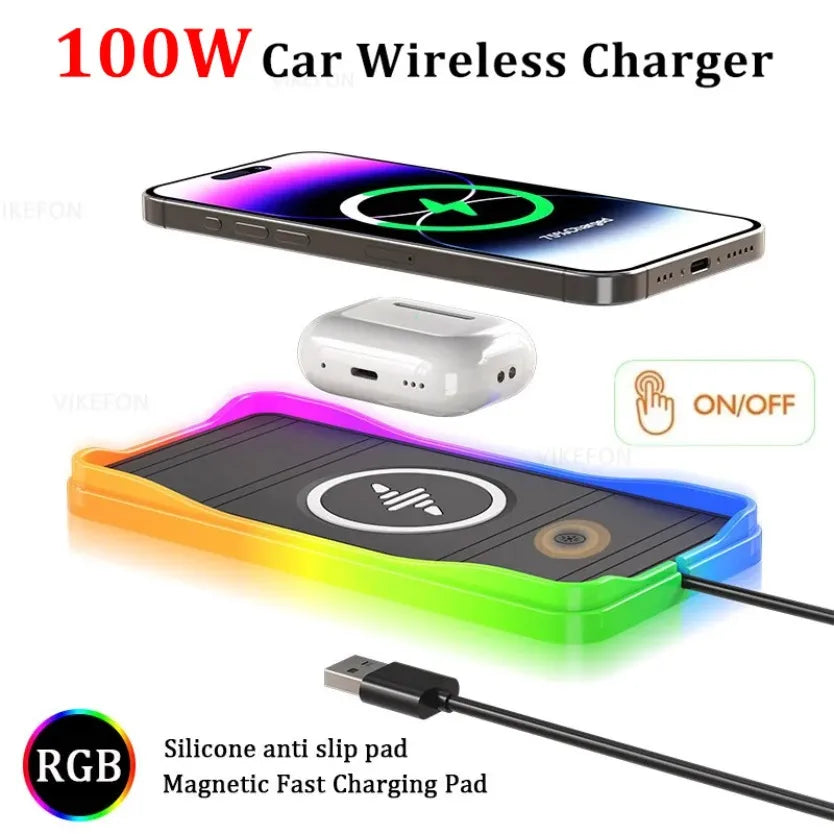 Car 100W Wireless Charger Pad ON/OFF RGB Anti Slip Base Phone Holder for iPhone 16-12 Samsung Xiaomi AirPods Pro 2 Fast Charging