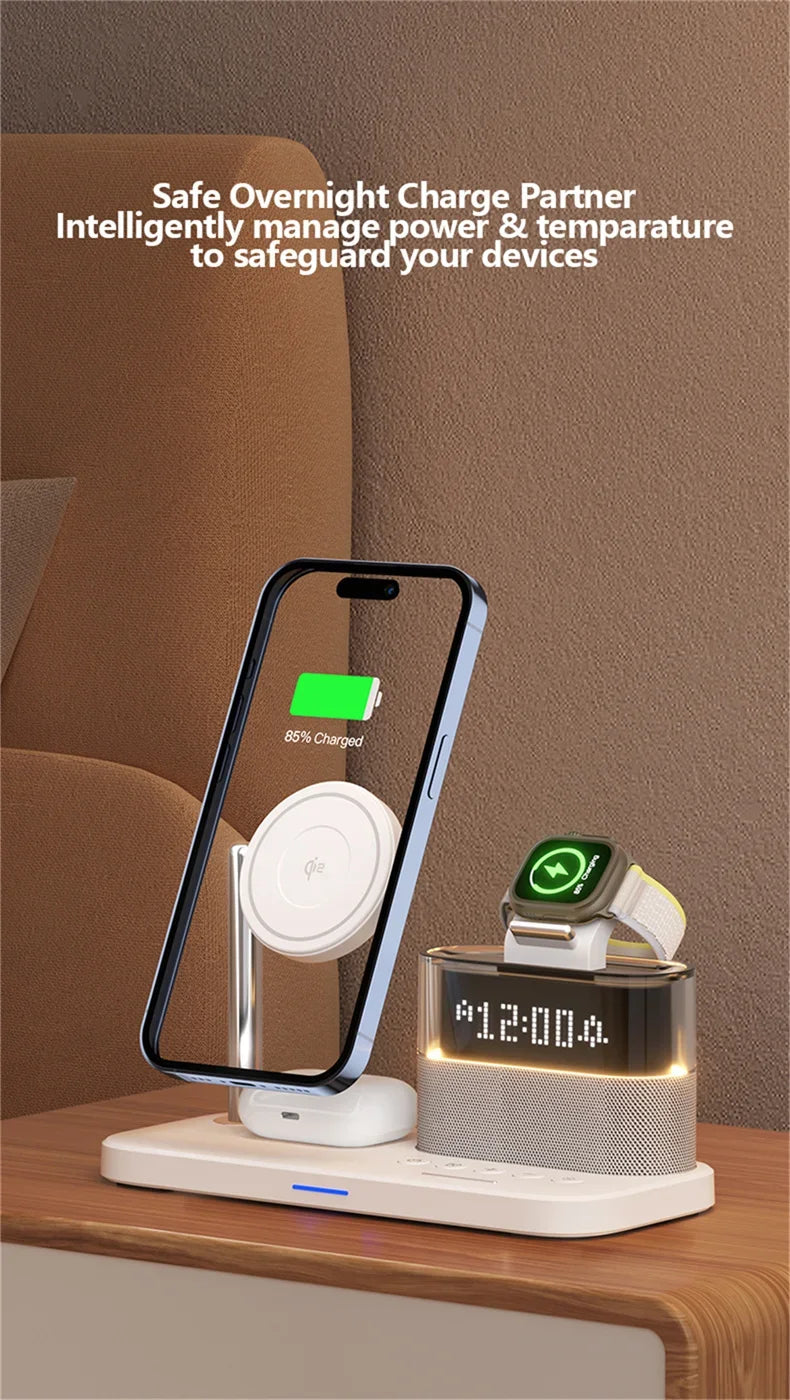 Qi2 5 In 1 Magnetic Wireless Charger Stand LED Night Light Alarm Clock for Samsung iPhone IWatch Airpods Fast Charging Station