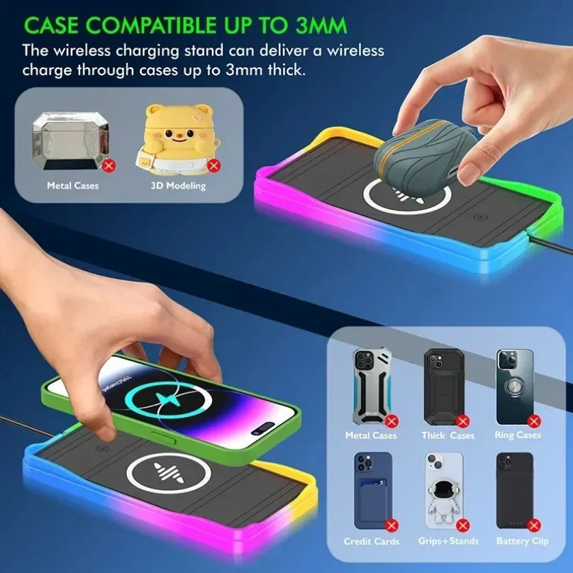 Car 100W Wireless Charger Pad ON/OFF RGB Anti Slip Base Phone Holder for iPhone 16-12 Samsung Xiaomi AirPods Pro 2 Fast Charging