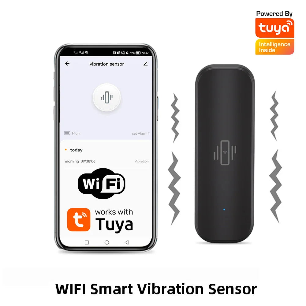 WiFi or Zigbee Vibration Sensor Home Security Protection Tuya Smart Life App Real-time Remote Shock Alarm with Black Color