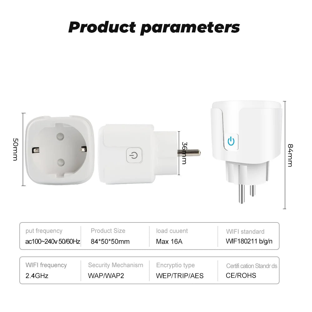 Tuya WiFi Smart Plug 16A/20A EU Smart Socket With Power Monitoring Timing Function Smart Life APP Voice Control Via Alexa Google