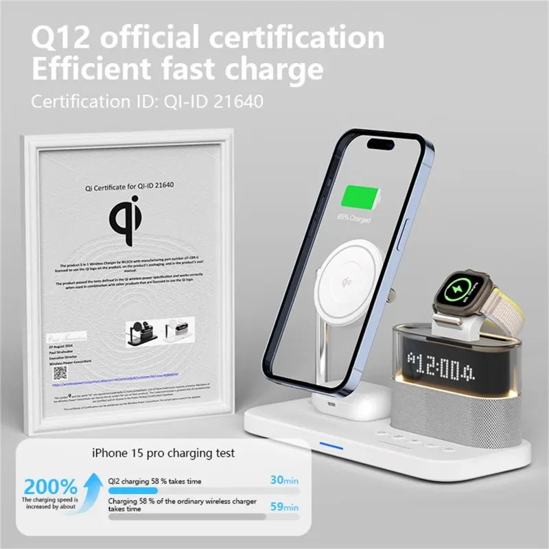 Qi2 5 In 1 Magnetic Wireless Charger Stand LED Night Light Alarm Clock for Samsung iPhone IWatch Airpods Fast Charging Station