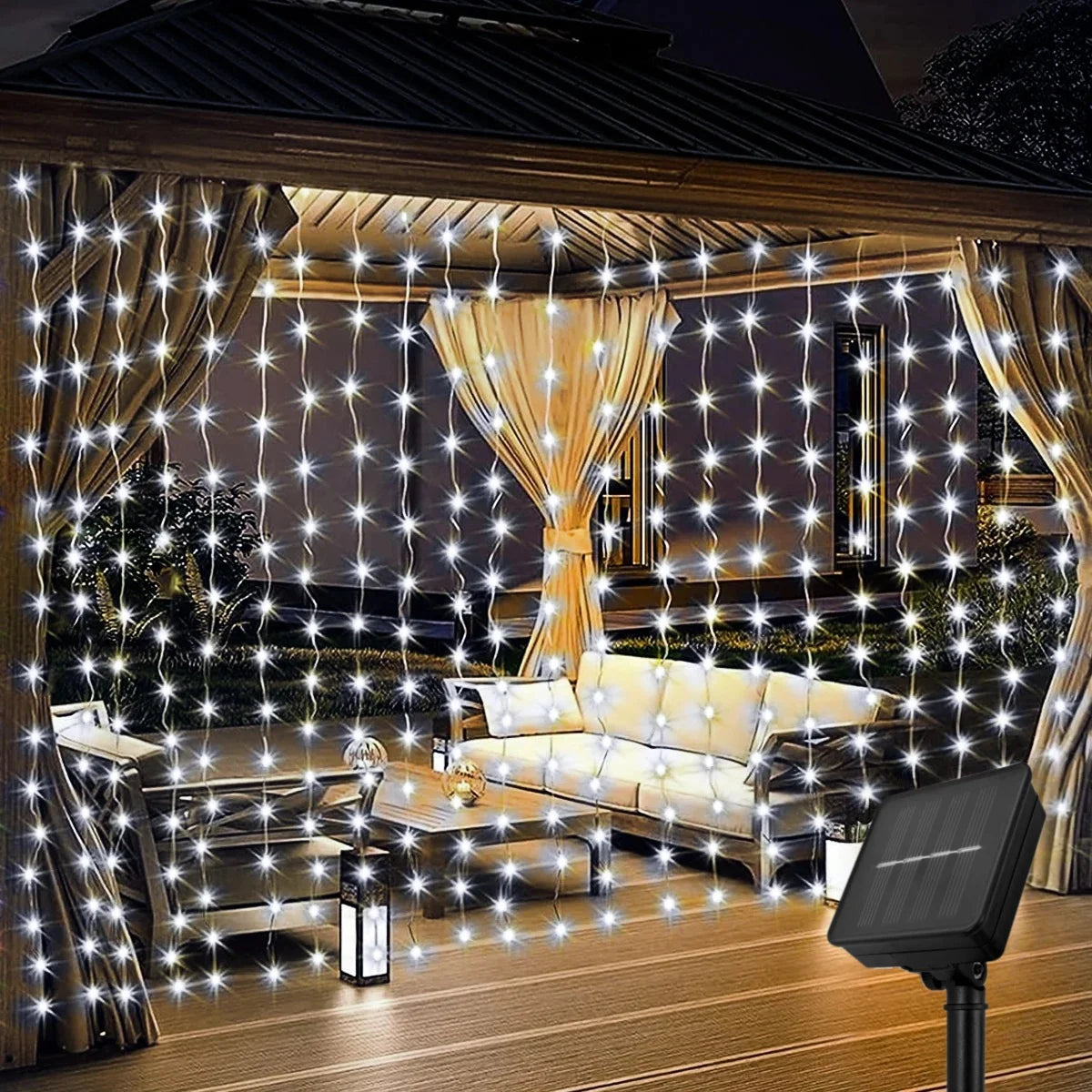 Outdoor Solar Curtain Light 3x3M 300Leds Holiday Decorations Garland 8 Modes Halloween Christmas Party Decor String Lights