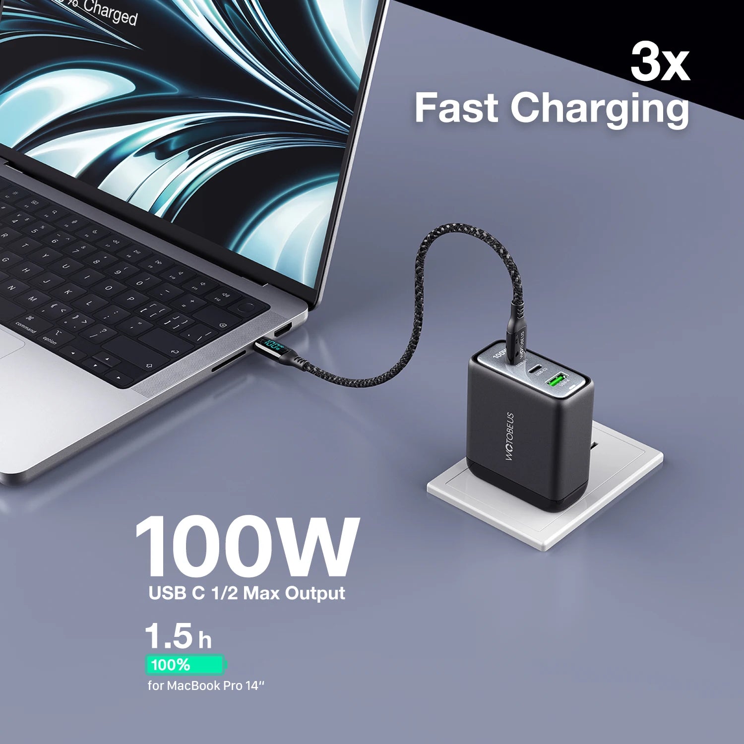 100W GaN USB Wall Charger 3-Port Power Meter Fast Charging Station PD100W 45W 18W QC3 for MacBook,iPhone 17,iPad,Tablet