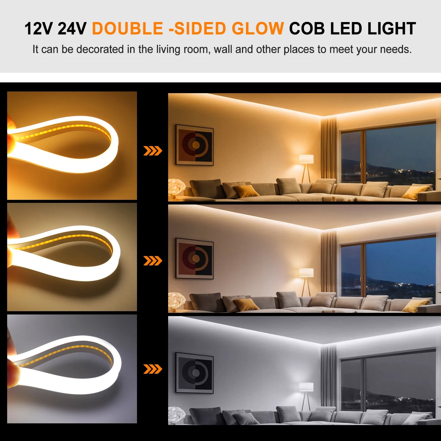 LED Strip COB Neon Light 12V 24V Front+Side Glow Flexible COB LED Tape 320LEDs High Density Linear Light Waterproof LED Ribbon