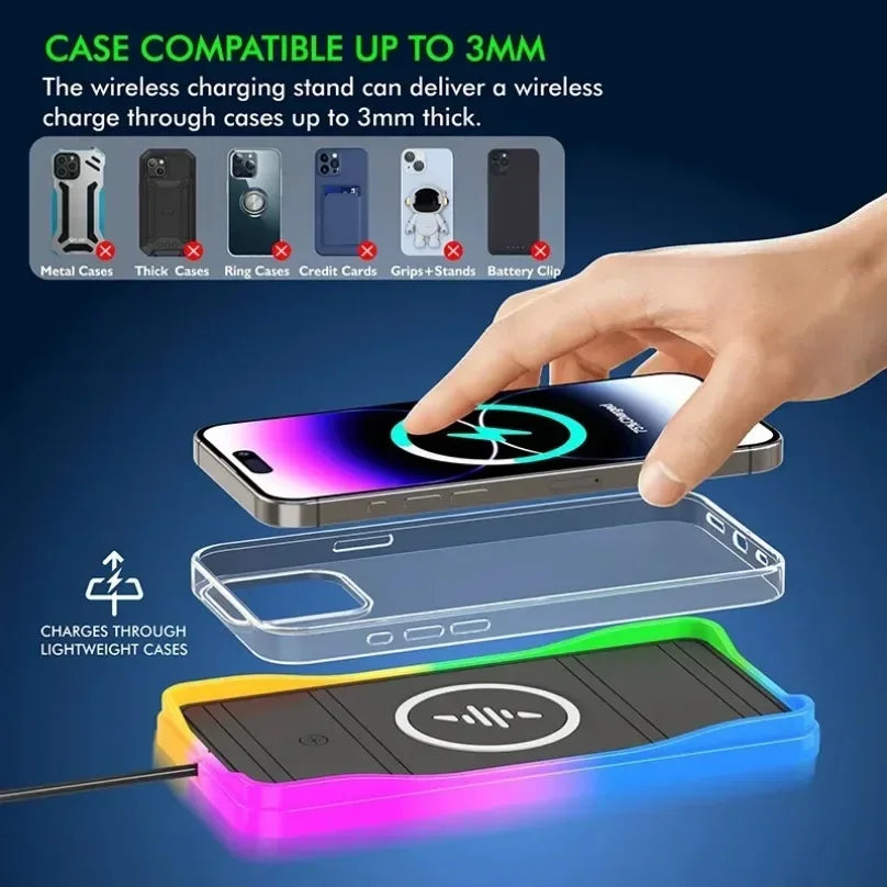 Car 100W Wireless Charger Pad ON/OFF RGB Anti Slip Base Phone Holder for iPhone 16-12 Samsung Xiaomi AirPods Pro 2 Fast Charging
