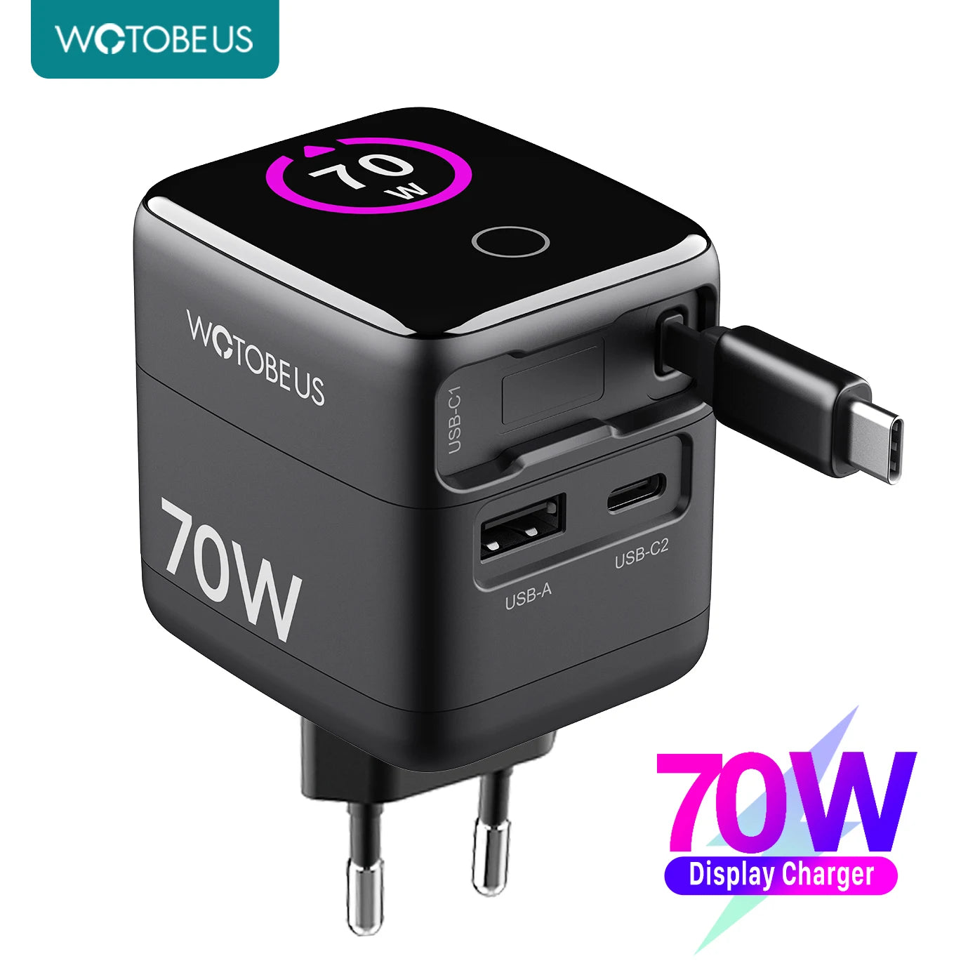 70W GaN USB-C Charger With Retractable Cable Power Adapter 65W PPS 45W Fast Charging for iPhone 17 Galaxy MacBook iPad
