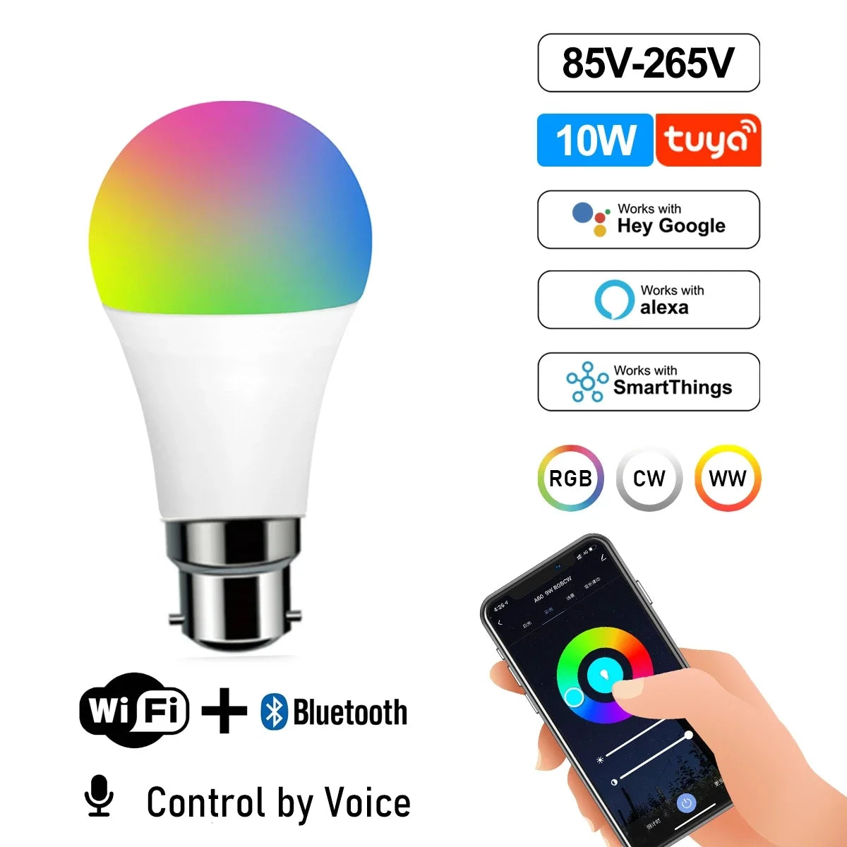 Dimmable Tuya Rgb Smart Bulb Gu10 C37 A60 T37 E14 E27 B22 Light Wifi Led Magic Lamp AC85V-265V Work With Alexa Google Home