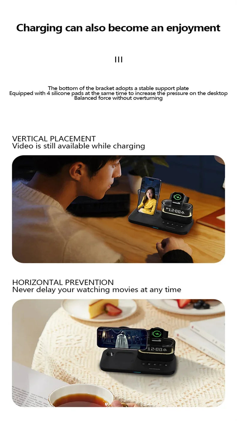 Qi2 5 In 1 Magnetic Wireless Charger Stand LED Night Light Alarm Clock for Samsung iPhone IWatch Airpods Fast Charging Station