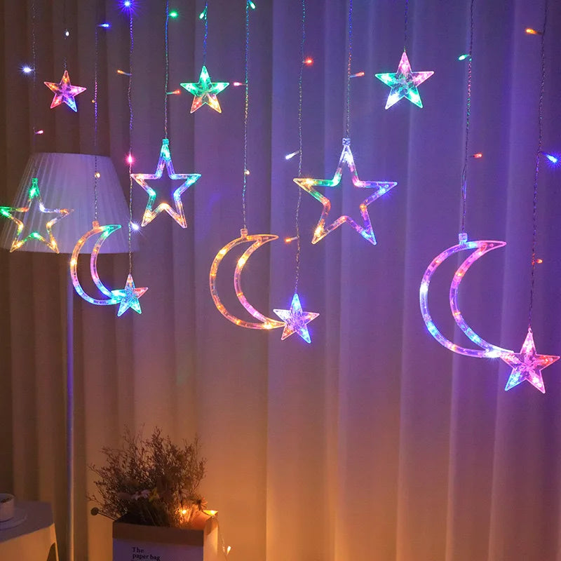 LED Star Moon Curtain String Light 3.5M Battery Powered Christmas Garland Decor Light Wedding Party Ramadan Decoration Supplies