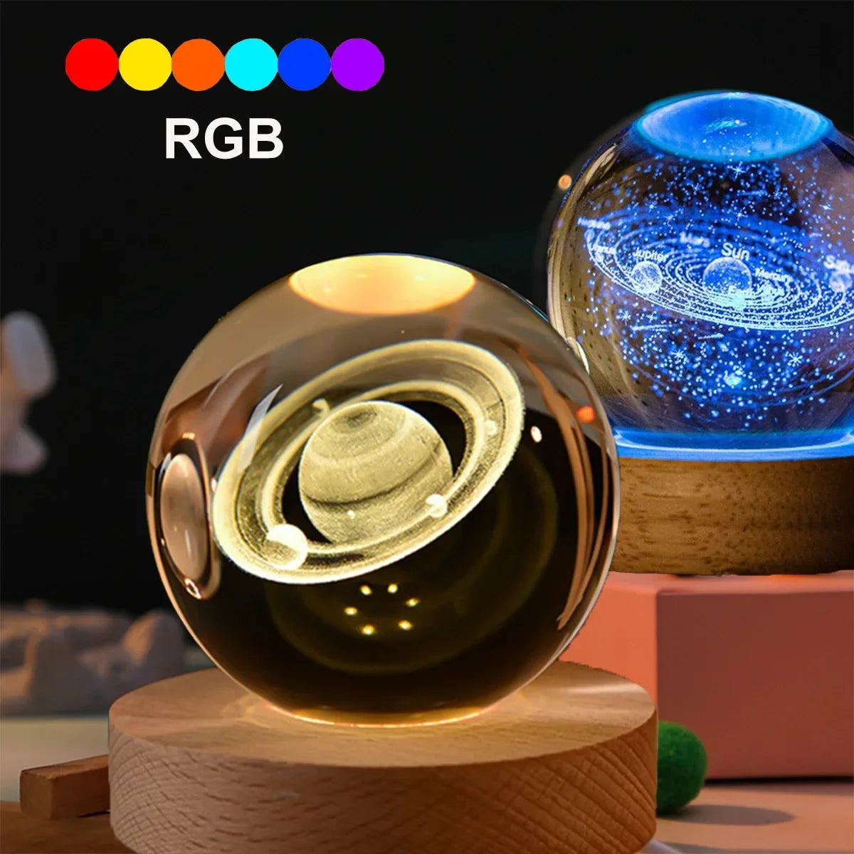 6cm Bedside RGB Lamp Solar Theme Cosmos Series Crystal Ball Night Lights Milky Way Moon Small Ornaments for Desk Creative Gift