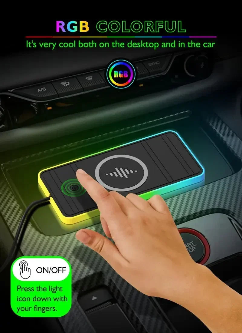 Car 100W Wireless Charger Pad ON/OFF RGB Anti Slip Base Phone Holder for iPhone 16-12 Samsung Xiaomi AirPods Pro 2 Fast Charging