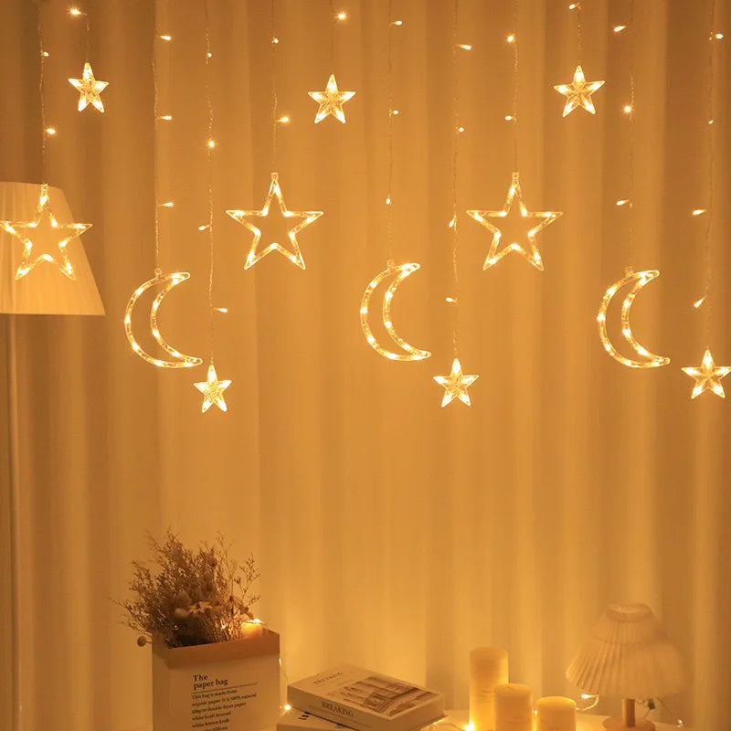 LED Star Moon Curtain String Light 3.5M Battery Powered Christmas Garland Decor Light Wedding Party Ramadan Decoration Supplies