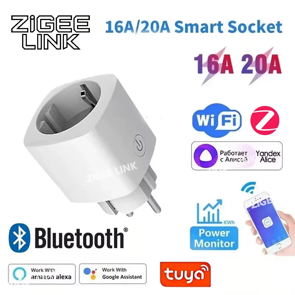 1PCS Zigbee 3.0 WiFi Smart Plug EU Socket Timer Adaptor Outlet 16A/20A Power Monitor APP Voice Control Tuya Alexa Google Alice