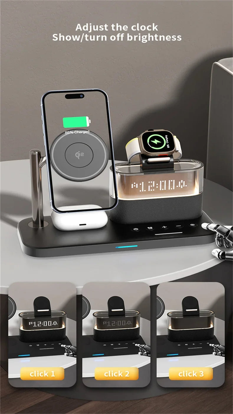 Qi2 5 In 1 Magnetic Wireless Charger Stand LED Night Light Alarm Clock for Samsung iPhone IWatch Airpods Fast Charging Station