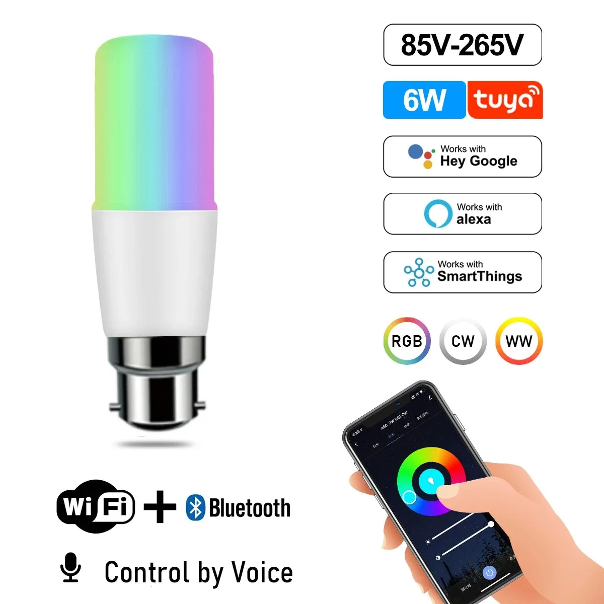 Dimmable Tuya Rgb Smart Bulb Gu10 C37 A60 T37 E14 E27 B22 Light Wifi Led Magic Lamp AC85V-265V Work With Alexa Google Home