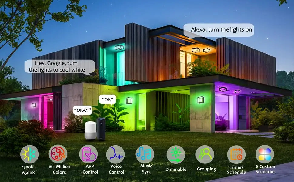 WIFI Smart LED Wall Lamp Outdoor Light Fxiture 20W 2700k-6500k Waterproof RGBICW Color Voice Control Work With Alexa Google