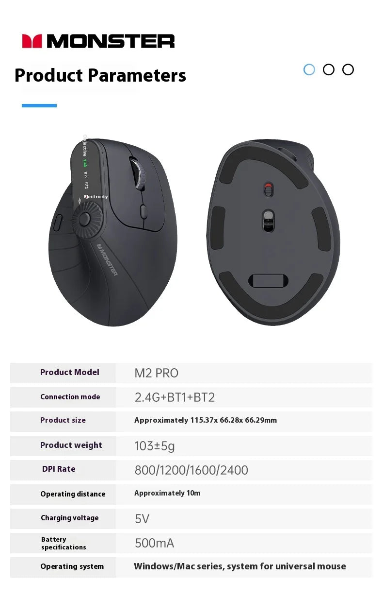Monster M2 PRO MAX Gaming Mouse Rechargeable Dual Mode DPI Lightweight Custom & Comfortable Ergonomic Vertical Wireless Mouse
