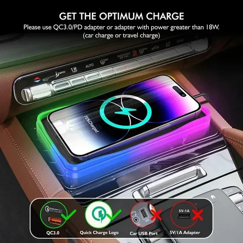 Car 100W Wireless Charger Pad ON/OFF RGB Anti Slip Base Phone Holder for iPhone 16-12 Samsung Xiaomi AirPods Pro 2 Fast Charging