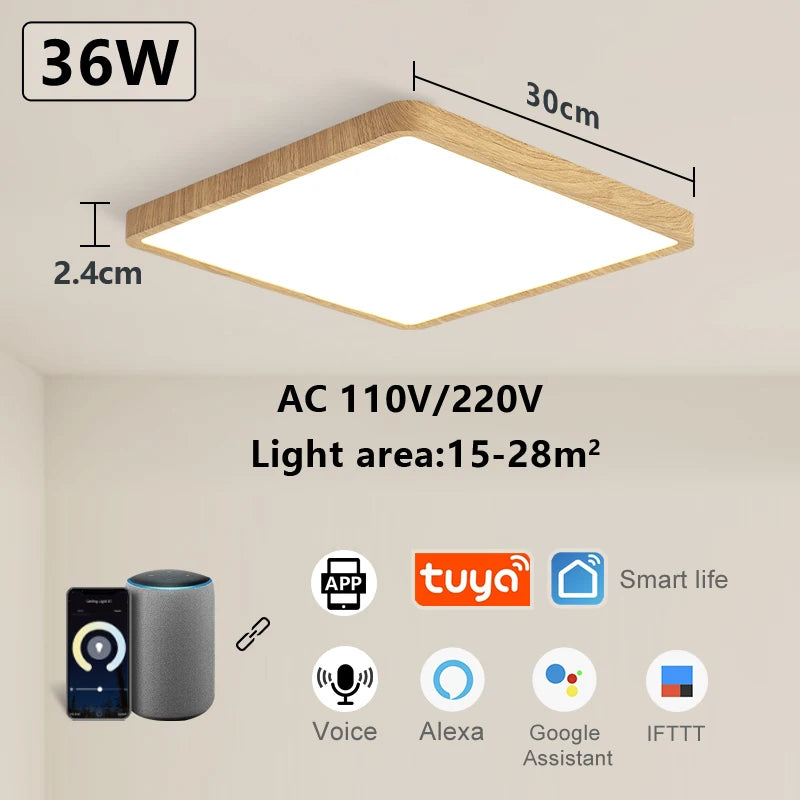 MARPOU Tuya Smart LED Ceiling Lamp Wood Grain App Voice Control Alexa/Google Remote Control Square Ceiling Lights Living Room