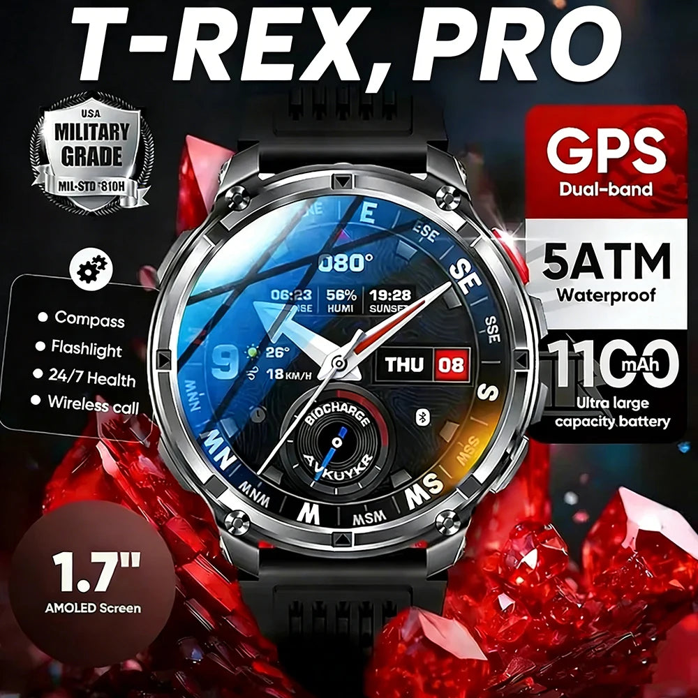 2026 New T-Rex3 Pro 1100mAh Battery Smart Watch GPS path 5ATM Waterproof Sports Run tracker Outdoors Compass Military Smartwatch