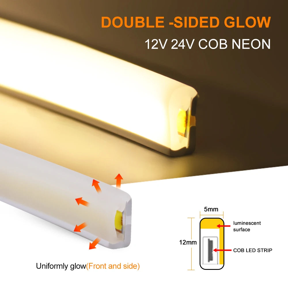 LED Strip COB Neon Light 12V 24V Front+Side Glow Flexible COB LED Tape 320LEDs High Density Linear Light Waterproof LED Ribbon
