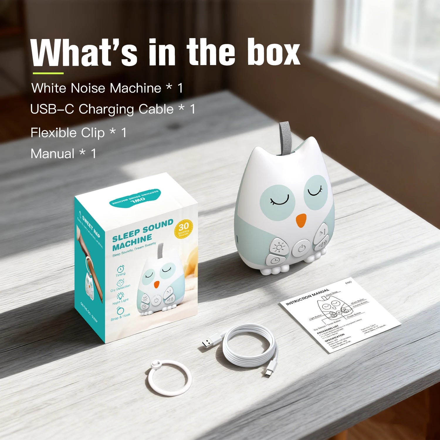 Portable White Noise Sound Machine for Baby 30 Soothing Sounds Crying Sensor for Infants with Night Light Timer Rechargeable
