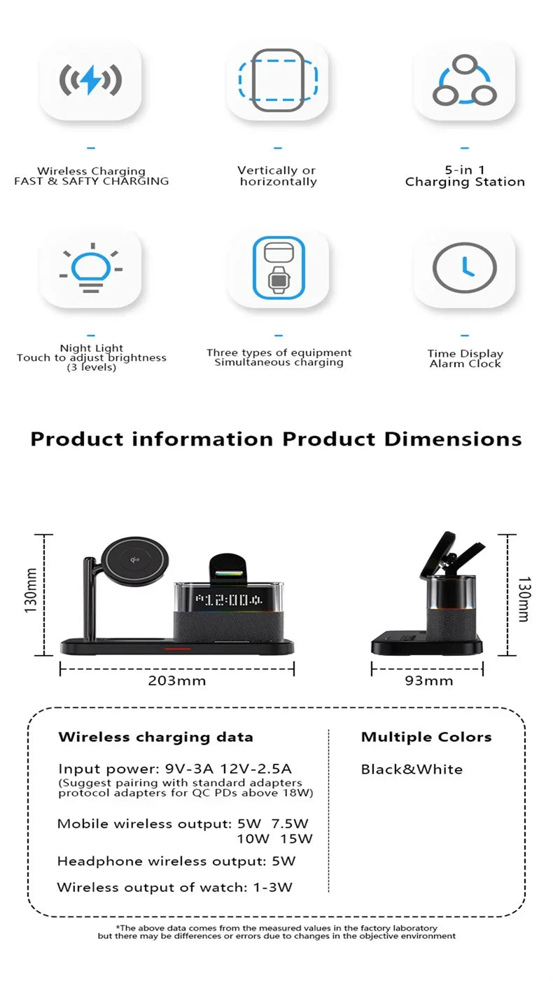 Qi2 5 In 1 Magnetic Wireless Charger Stand LED Night Light Alarm Clock for Samsung iPhone IWatch Airpods Fast Charging Station