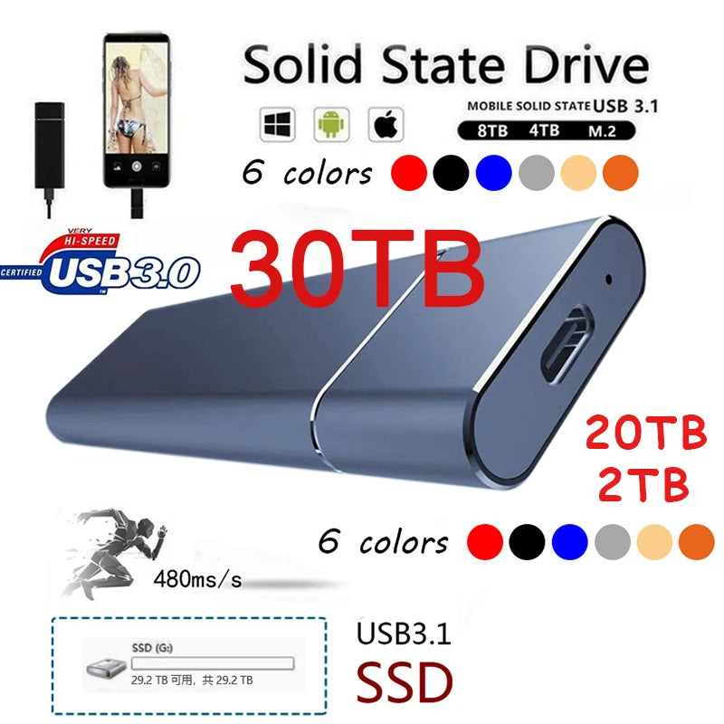 External 2TB/20TB/30TB SSD High-Speed Solid State Drive Type-C/USB 3.1 Interface Portable Hard Disk for PC Laptop MAC