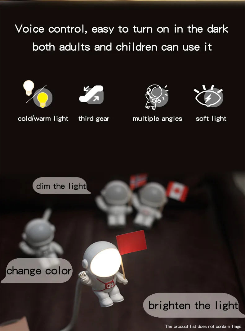 Astronaut USB Night Light Voice Control Mini LED USB Plug Eyes Protection LED Sound Sensor Bedroom Reading Desk Lamp Gift