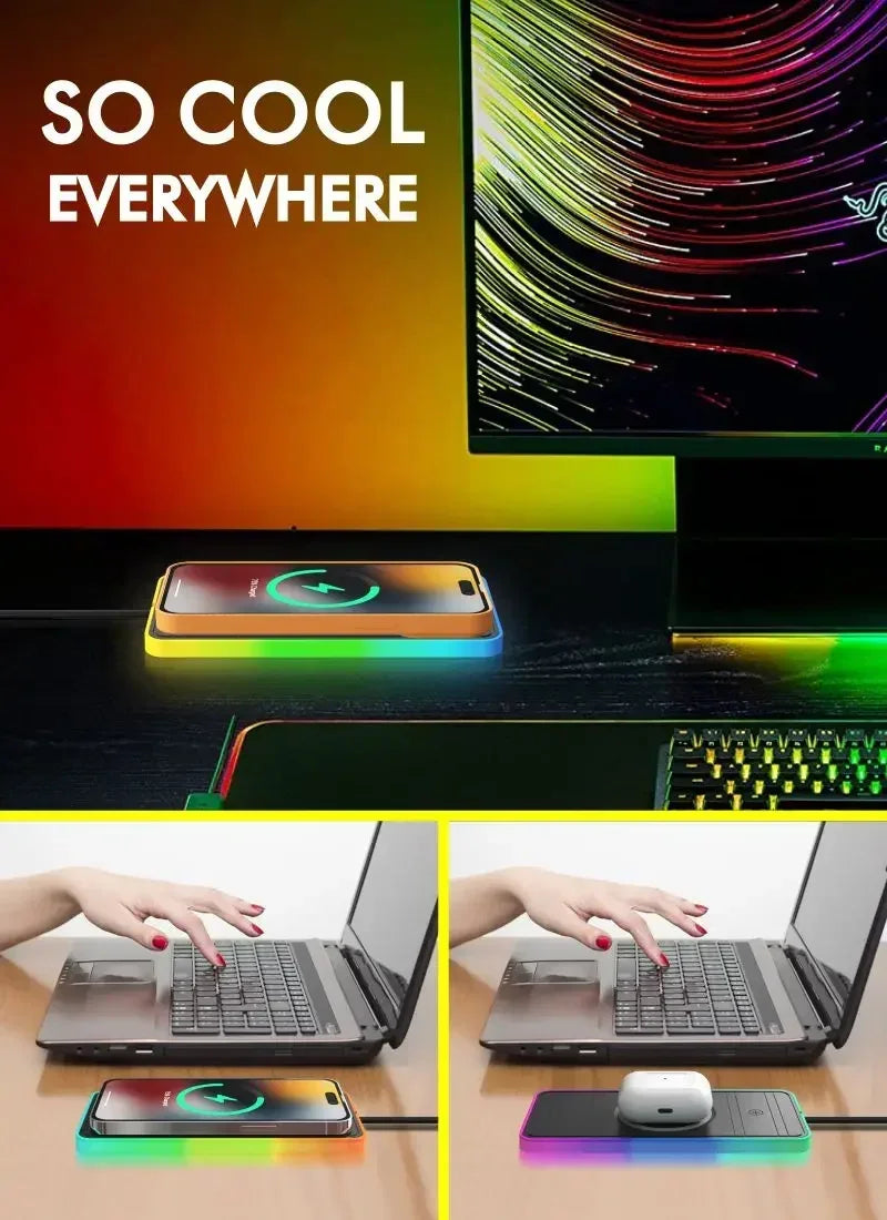 Car 100W Wireless Charger Pad ON/OFF RGB Anti Slip Base Phone Holder for iPhone 16-12 Samsung Xiaomi AirPods Pro 2 Fast Charging