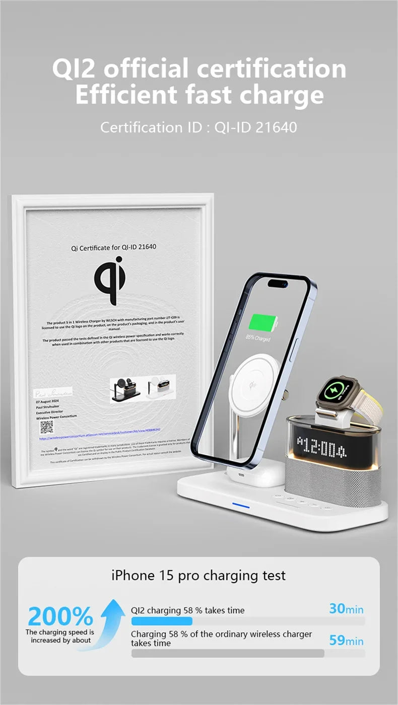 Qi2 5 In 1 Magnetic Wireless Charger Stand LED Night Light Alarm Clock for Samsung iPhone IWatch Airpods Fast Charging Station