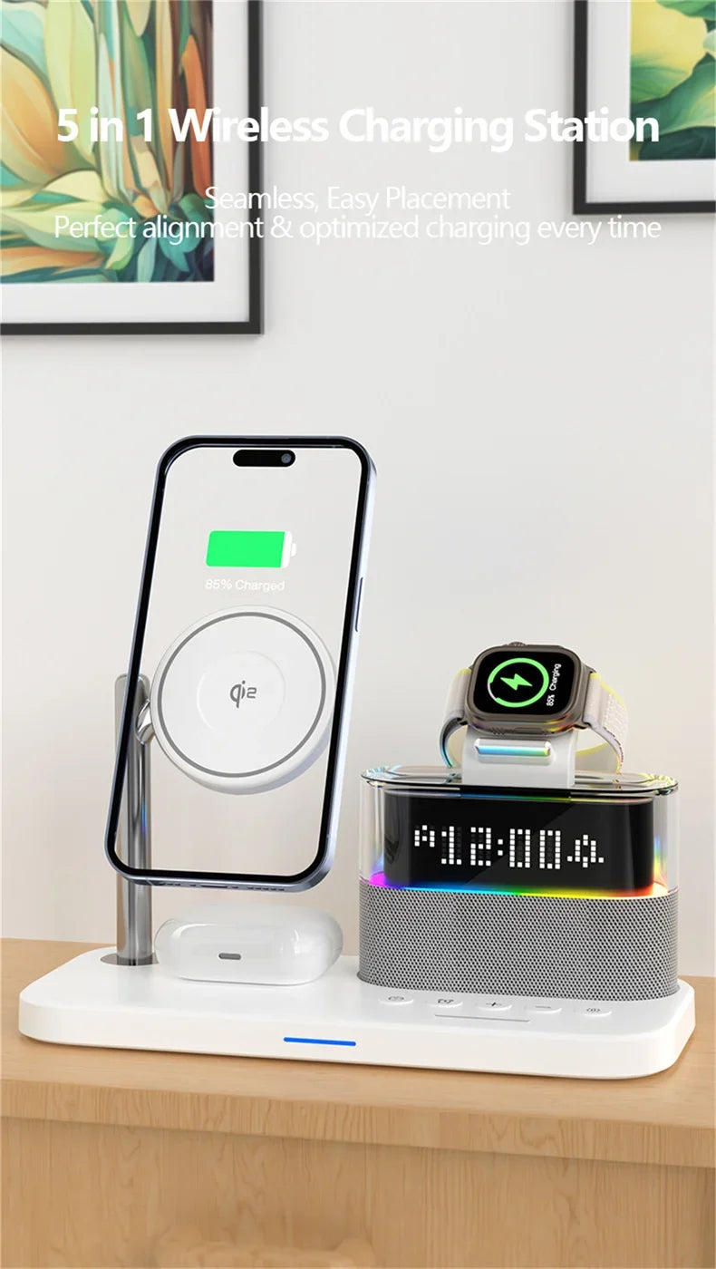 Qi2 5 In 1 Magnetic Wireless Charger Stand LED Night Light Alarm Clock for Samsung iPhone IWatch Airpods Fast Charging Station
