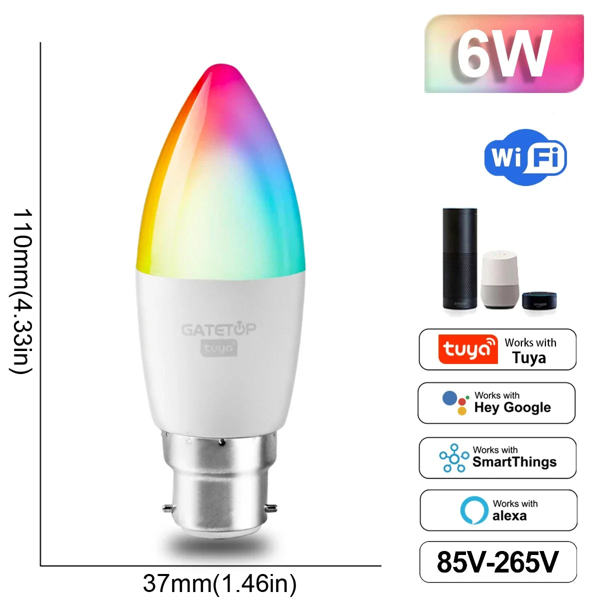 Dimmable Tuya Rgb Smart Bulb Gu10 C37 A60 T37 E14 E27 B22 Light Wifi Led Magic Lamp AC85V-265V Work With Alexa Google Home