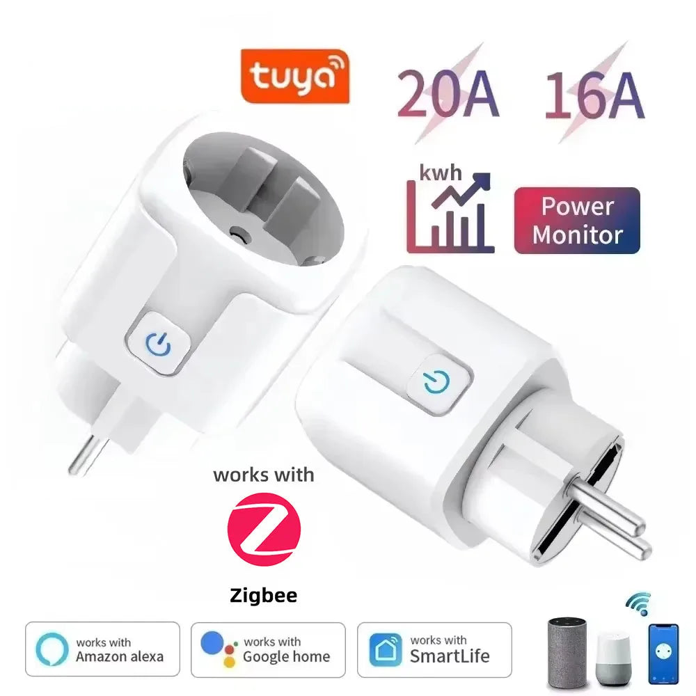 1PCS Zigbee 3.0 WiFi Smart Plug EU Socket Timer Adaptor Outlet 16A/20A Power Monitor APP Voice Control Tuya Alexa Google Alice