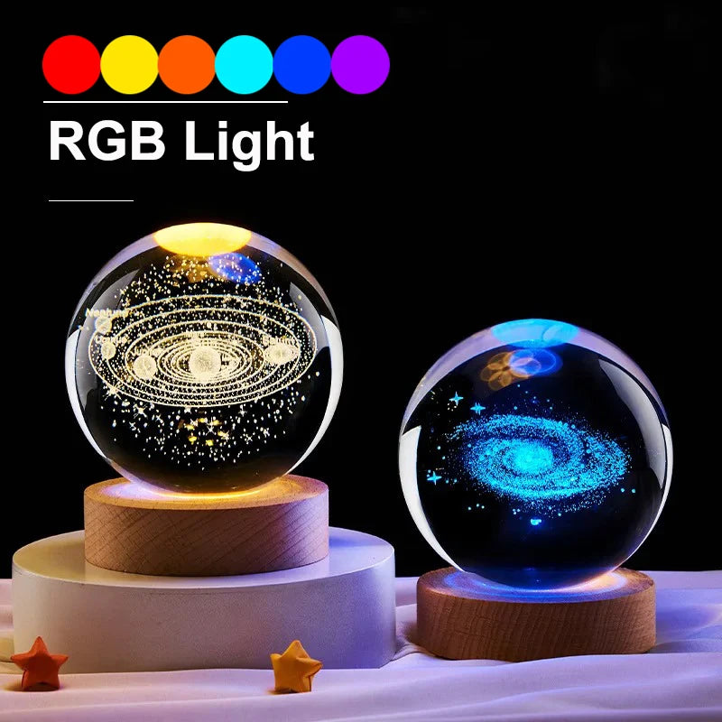 6cm Bedside RGB Lamp Solar Theme Cosmos Series Crystal Ball Night Lights Milky Way Moon Small Ornaments for Desk Creative Gift