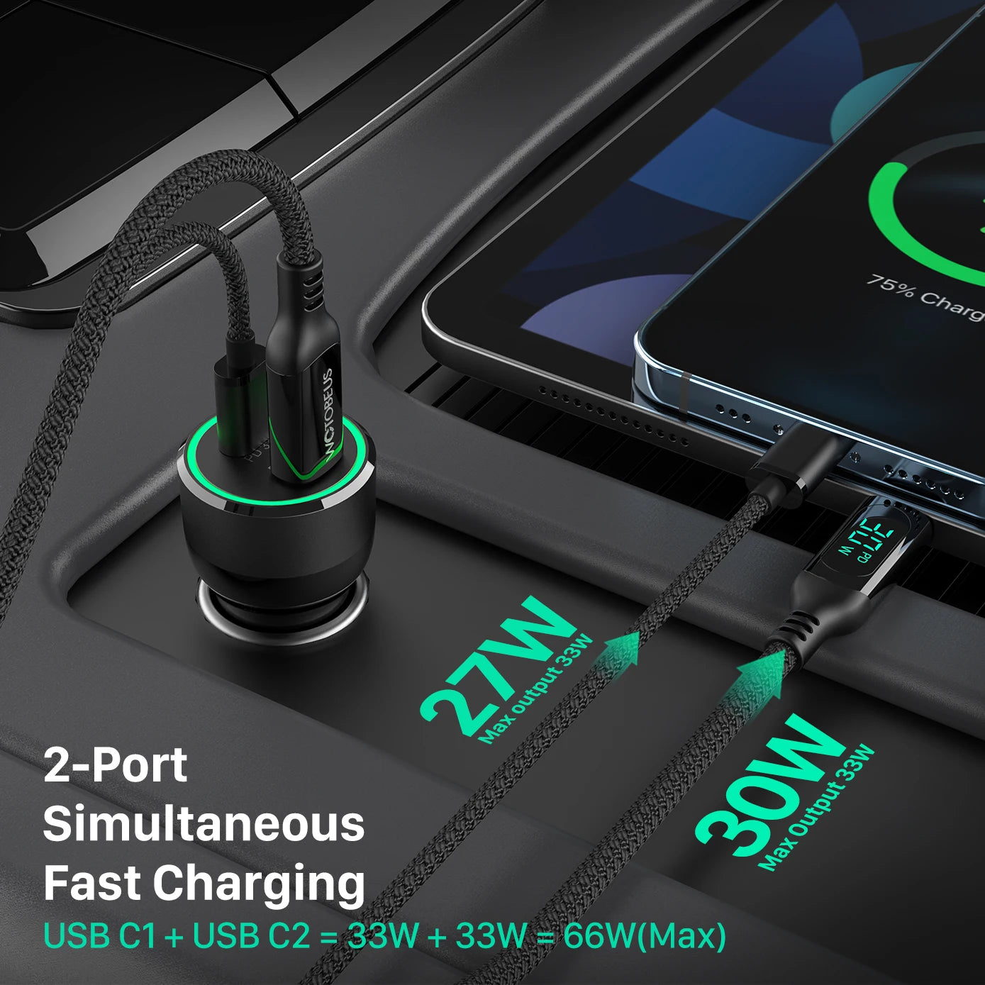 66W USB C PD PPS Dual-port Car Charger Fast Charging Station PD30W 27W 18W QC3 for iPhone 16,iPad,Samsung,Tablet,phone