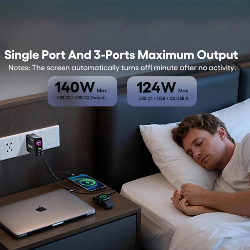 140W GaN USB-C Wall Charger 3-Port Power Meter,PD3.1 140W PD100W PPS 65W 45W QC5 for MacBook Pro iPhone 17 16 Galaxy S25