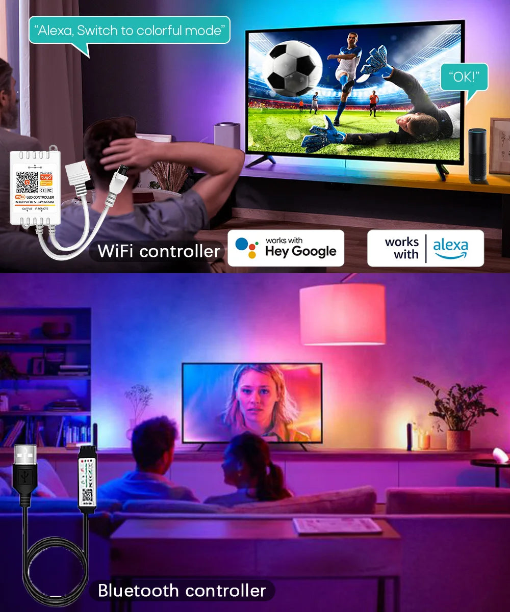 WiFi LED Strip Light Tuya Smart Life Flexible Light Lamp USB Desktop Screen TV BackLight Diode Tape Support Alexa Google